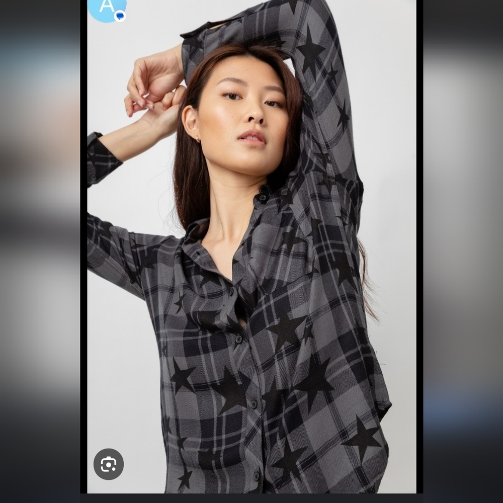 Rails Black Gray Plaid Star Print Button Down Shirt